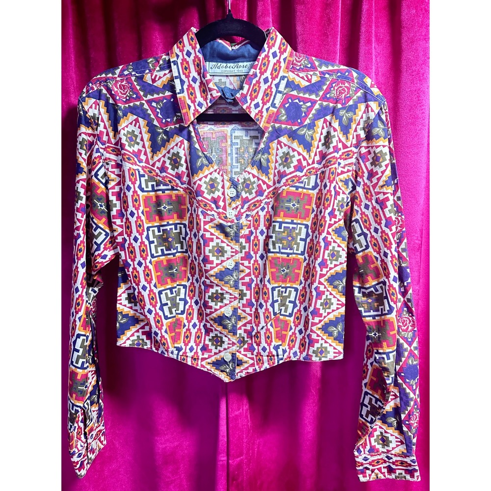 Adobe Rose Western Shirt Womens Small Multi Excellent Vintage Aztec Geometric